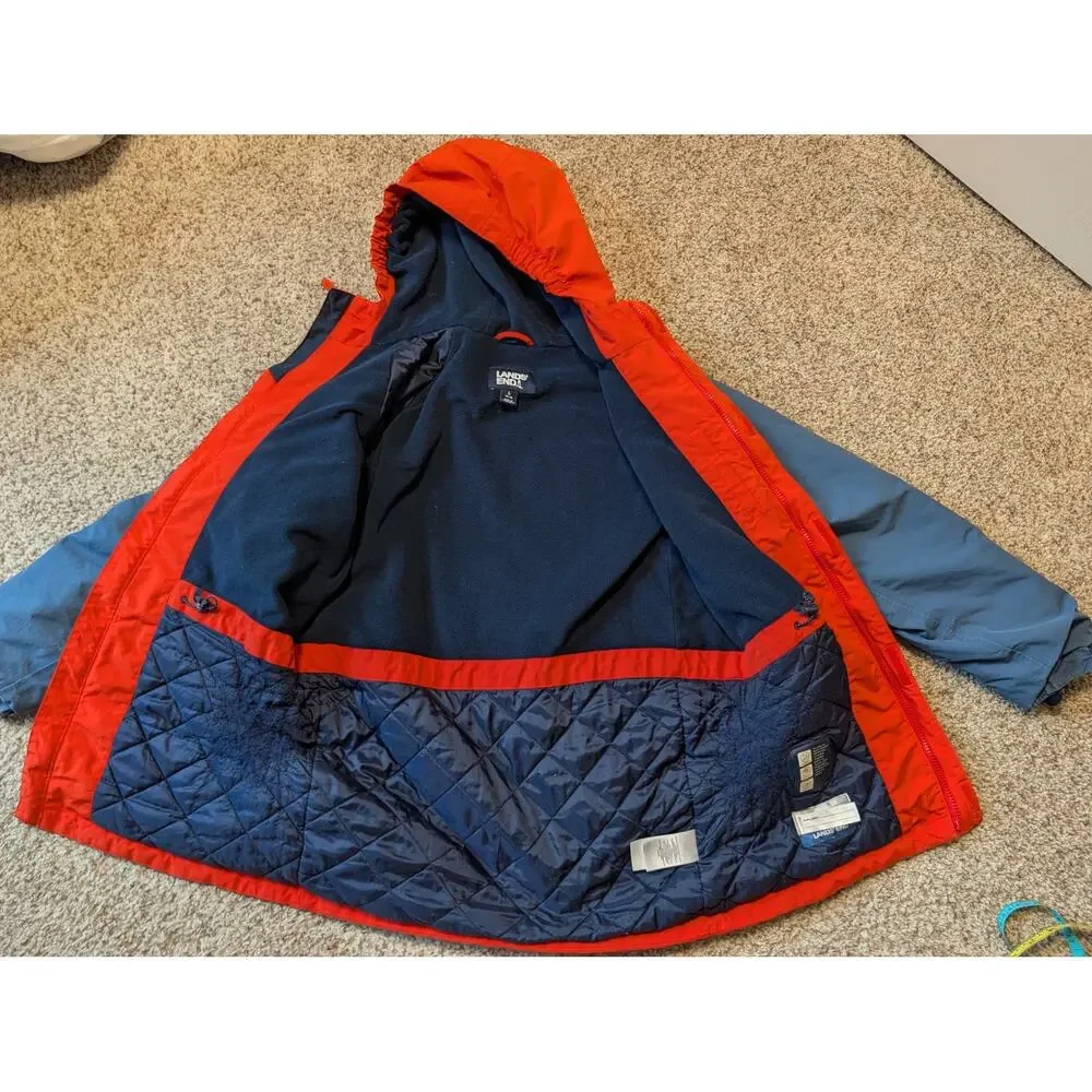 Lands' End Boys L 14-16 Orange Blue Hooded Winter Jacket Squall Parka Coat